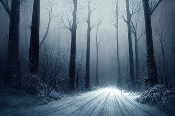 snowy road in the dark winter forest background