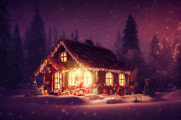 Obraz premium winter christmas gingerbread house, snowy landscape background, santa workshop 