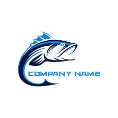 a logo illustration of a combination of fish and hook