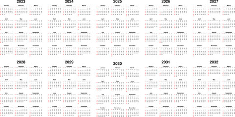 Ten year vector calendar 2023, 2024, 2025, 2026, 2027, 2028, 2029, 2030, 2031 and 2032.