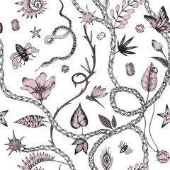 Beautiful trendy seamless pattern with hand drawn chimera animals birds insects and fantasy plants. Stock fashionable textile illustration.