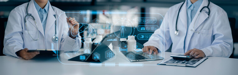 Medicine doctor using digital healthcare and network connection on hologram modern virtual screen...