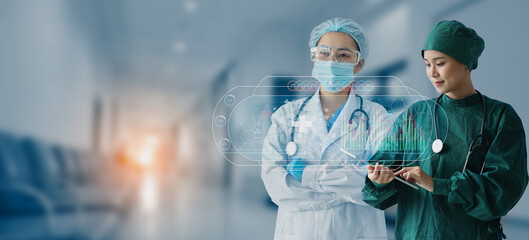 Medicine doctor using digital healthcare and network connection on hologram modern virtual screen interface icons, Medical technology futuristic concept.