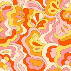 Psychedelic hippie seamless pattern. Vintage wavy background. Vector nostalgic retro 60s groovy illustration. Textile and surface design with old fashioned hand drawn naive geometric print