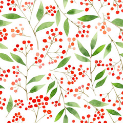 Watercolor seamless pattern of delicate twigs with red berries on a white background. Delicate botanical ornament hand-drawn	