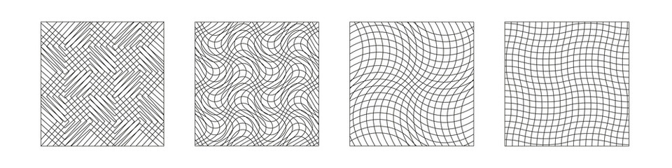 Checkered grid set. Distorted line meshes. Abstract deformed warp, tweak distortion, deformation effect design elements