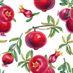 Pomegranates on a branch watercolor seamless pattern. Hand drawn realistic red fruits with leaves endless background for fabric and wallpaper. Tropical tree botanical illustration.