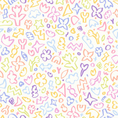 Graffiti fun background by felt pen. Inked scribble, vector seamless pattern. Hand drawn groovy elements by marker. Highlighter doodles.