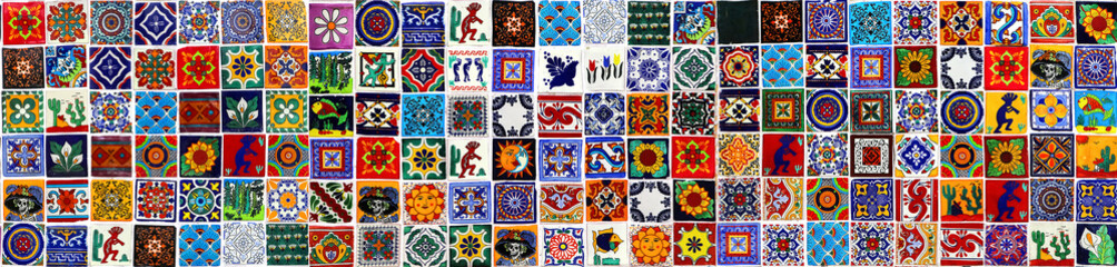 Traditional mexican vintage ceramic tiles. Bright colorful background with various ornaments. Banner format.