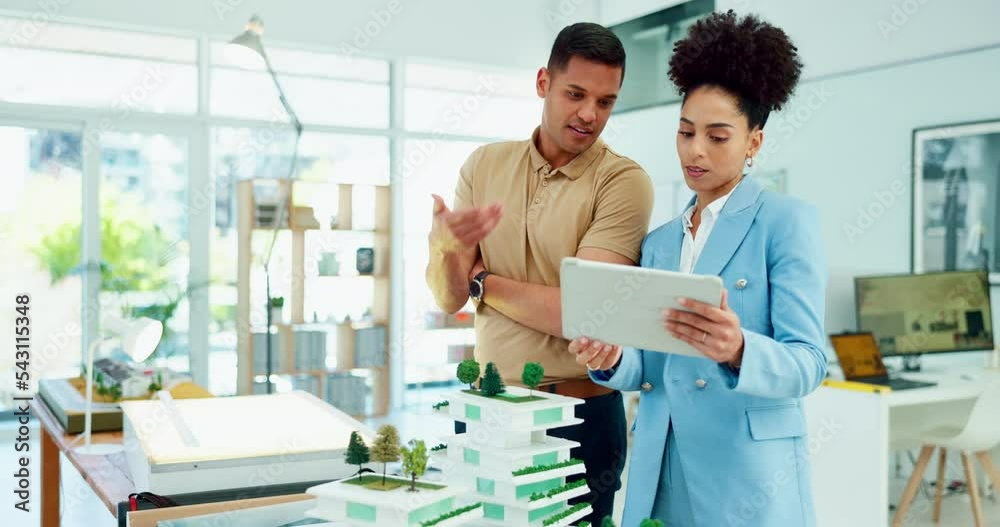 Poster architecture, tablet and planning business people with 3d design model, digital blueprint and floor 