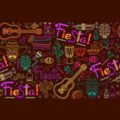 Obraz na płótnie Canvas Fiesta seamless pattern. Mexican colorful outline symbols on brown. Vector.