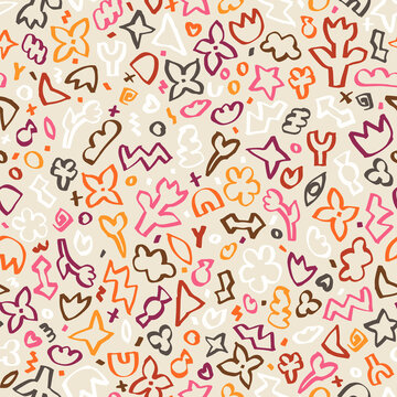 Graffiti fun background by felt pen. Inked scribble, vector seamless pattern. Hand drawn groovy elements by marker. Highlighter doodles.