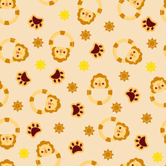 Obraz premium Seamless pattern with animals on a yellow background. A pattern with a baby rattle in the form of a lion. Kawaii animals