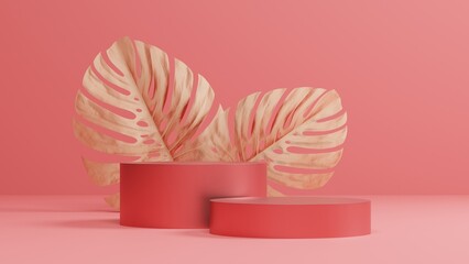 minimal pink and rose gold pedestal or podium mockup display, empty platform for product showcase and presentation, clean stage, 3d rendering
