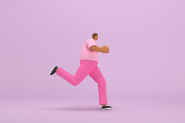 Fototapeta na wymiar The black man with pink clothes. He is running. 3d illustrator of cartoon character in acting.