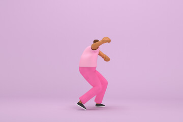 Fototapeta na wymiar The black man with pink clothes. He is doing exercise. 3d illustrator of cartoon character in acting.