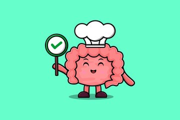 Cute cartoon Intestine chef character holding correct sign board in vector character illustration