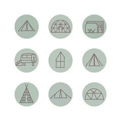 Collection of type glamping house for web, social media. Line icon of tent, bubble, trailer, wood alpine cottage