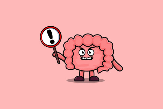 Cute cartoon illustration Intestine with exclamation sign board in flat modern style design