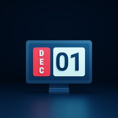 December Calendar Icon 3D Illustration with Desktop Monitor Date December 01