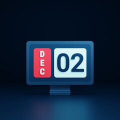 December Calendar Icon 3D Illustration with Desktop Monitor Date December 02