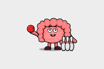 Cute cartoon Intestine character playing bowling in flat modern style design illustration