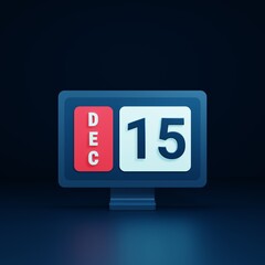 December Calendar Icon 3D Illustration with Desktop Monitor Date December 15