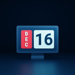 December Calendar Icon 3D Illustration with Desktop Monitor Date December 16