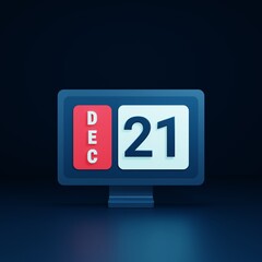 December Calendar Icon 3D Illustration with Desktop Monitor Date December 21