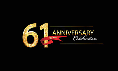 61 Year Anniversary celebration Vector Design. 61st Anniversary celebration. Gold Luxury Banner of 61st Anniversary celebration with red ribbon and glitter. Background celebration. Vector anniversary