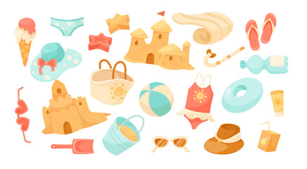Beach holiday elements vector illustrations set. Different objects for recreation by sea, clothes, toys, ball, slippers, sunglasses, sand castles isolated on white background. Summer, vacation concept © PCH.Vector