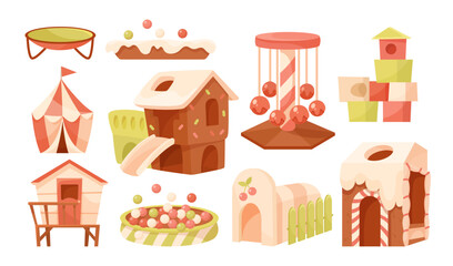 Cute playroom or playground elements vector illustrations set. Inflatable house, slide, bouncy trampoline, pool with balls for children games on white background. Childhood, entertainment concept