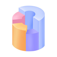 Pie chart with stages of purple, yellow, red and blue 3D icon. Four pieces of infographic ring diagram 3D vector illustration on white background. Visualization, business project model concept