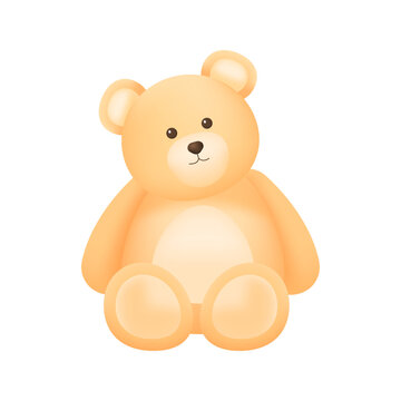 Yellow sitting teddy bear 3D icon. Cute soft toy with fur, paws and funny face for fun games of little kids 3D vector illustration on white background. Childhood, mascot, doll for gift concept