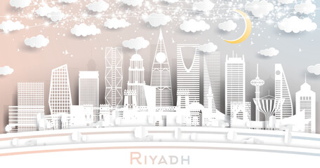 Riyadh Saudi Arabia City Skyline in Paper Cut Style with White Buildings, Moon and Neon Garland.
