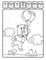 When Pigs Fly Illustration Color By Number Coloring Worksheet for Ages 4-7.