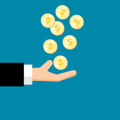 businessman hand raising money coins vector.