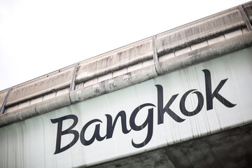 Text of the word "Bangkok" on the BTS SkyTrain in Bangkok Thailand and copy space