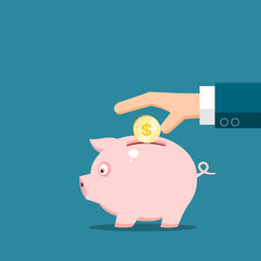 Hand putting coin to a pink piggy bank.icons vector