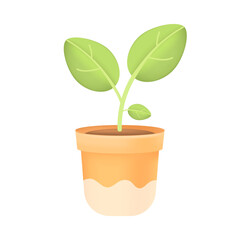 Green plant in clay pot 3D icon. Decorative sprout with leaves on stalk growing in flowerpot of indoor home garden 3D vector illustration on white background. Pottery, growth, botany concept