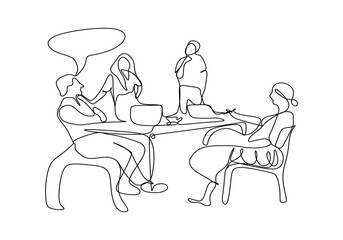 The illustrations and clipart. Continuous one-line drawing. 4 employees in a casual meeting in the office.