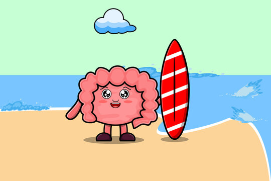 Cute cartoon Intestine character playing surfing with surfing board