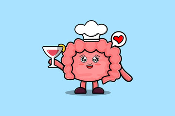 Cute cartoon Intestine chef character holding wine glass flat cartoon style illustration