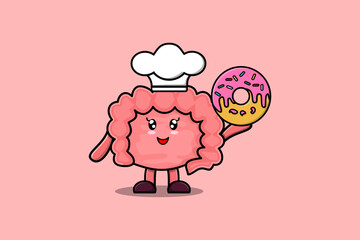Naklejka premium Cute cartoon Intestine chef character donuts in flat cartoon style illustration