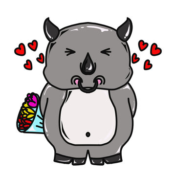 Transparent png image of a cute rhino cartoon carrying flowers suitable for t-shirt designs, key chains and others