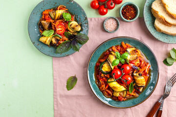 Zucchini pasta in red sauce. Sauteed Vegetables. Zucchini, carrot, onion, garlic and tomatoes.