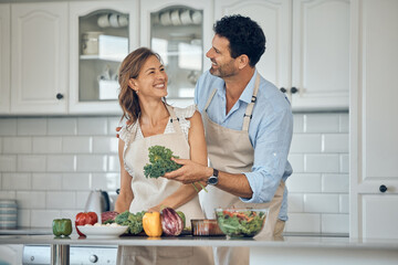 Couple, cooking and vegetable in kitchen together, healthy food and nutrition, happy with chef...