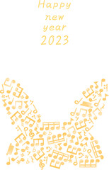 音符で作ったうさぎのシルエット 2023年年賀状 オレンジ 縦