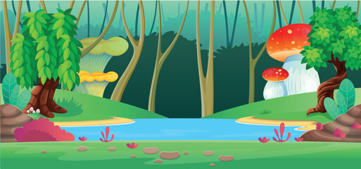 Background for games and mobile applications.  Landscape with houses of hobbits and gnomes a river. Fantasy   tower and a house with a water wheel on the island. Vector cartoon landscape.