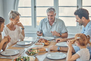 Fototapeta na wymiar Together, food and happy family lunch with chicken, bread and nutritionist salad for quality time feast, buffet or meal. Love, bond and thanksgiving turkey brunch for parents, grandparents and child